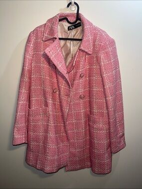 Zara Pink Tweed Double-Breasted Pea Coat